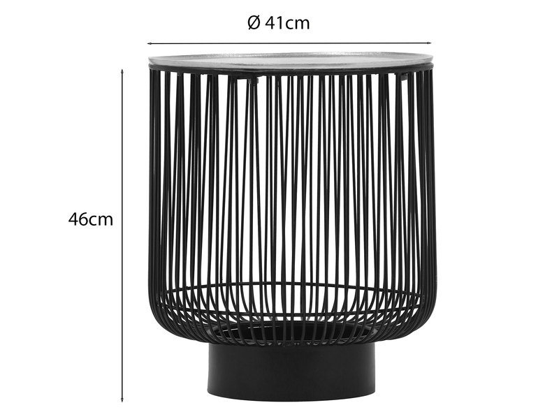 Beistelltisch RINA Korbtisch Metall Schwarz und Tischplatte Silber, Höhe 46cm