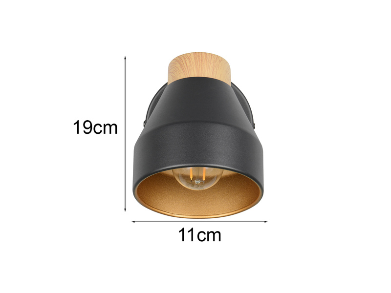 Wandstrahler VALENTIN mit Schalter, Metall Schwarz / innen Gold, Breite 11cm
