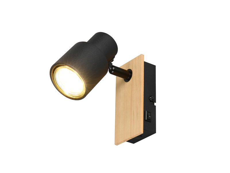 Wandstrahler PIERRE mit Schalter, Metall Schwarz & Holz, Breite 6cm