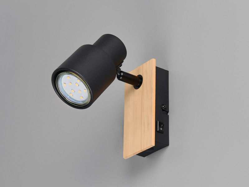 Wandstrahler PIERRE mit Schalter, Metall Schwarz & Holz, Breite 6cm