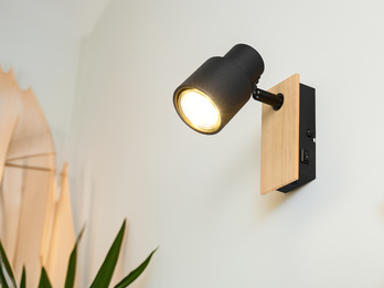 Wandstrahler PIERRE mit Schalter, Metall Schwarz & Holz, Breite 6cm