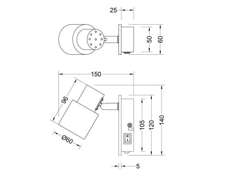 LED Wandstrahler mit Schalter, Metall Weiß & Holz, Breite 6cm