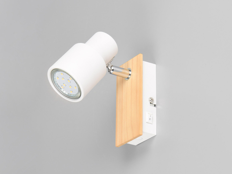 LED Wandstrahler mit Schalter, Metall Weiß & Holz, Breite 6cm