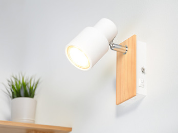LED Wandstrahler mit Schalter, Metall Weiß & Holz, Breite 6cm