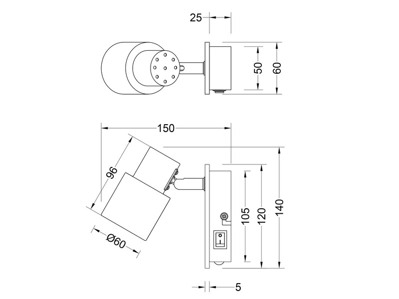 LED Wandstrahler mit Schalter, Metall Schwarz & Holz, Breite 6cm