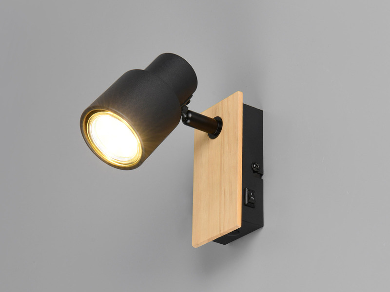 LED Wandstrahler mit Schalter, Metall Schwarz & Holz, Breite 6cm