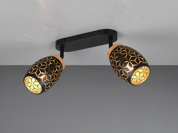 Deckenstrahler BIDAR Schwarz Gold 2-flammig mit Dekorstanzung, Breite 28cm