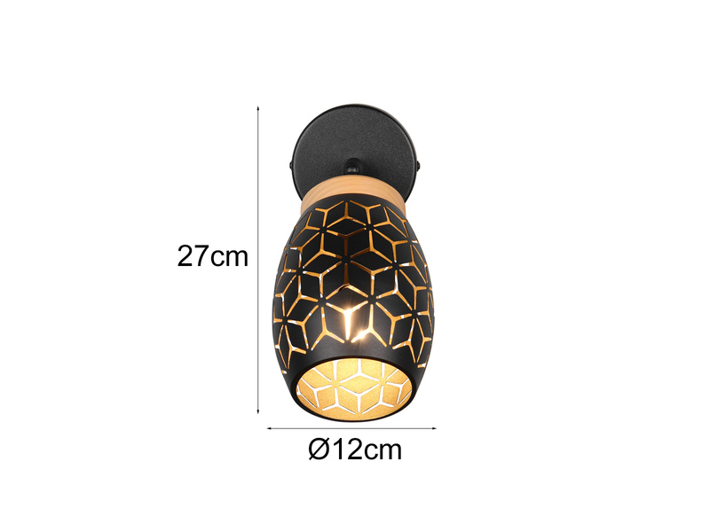 Wandstrahler BIDAR Schwarz Gold mit Schalter & Stanzmuster, Breite 12cm