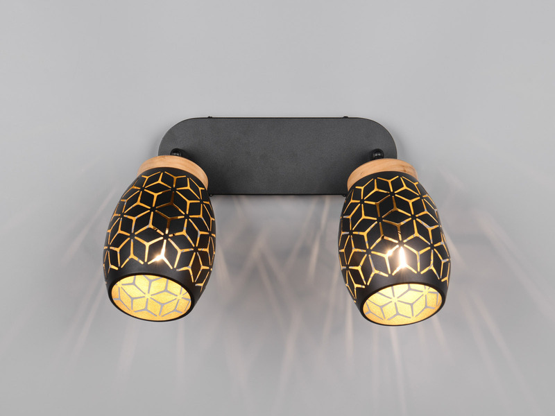 Deckenstrahler 2-flammig Schwarz Gold mit Dekorstanzung & E27 LED, B: 28cm