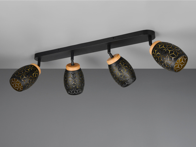 Deckenstrahler Schwarz Gold 4-flammig mit Dekorstanzung, inkl. E27 LED B: 74cm