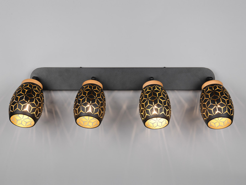 LED Deckenstrahler Schwarz Gold 4-flammig mit Stanzmuster, Breite 74cm