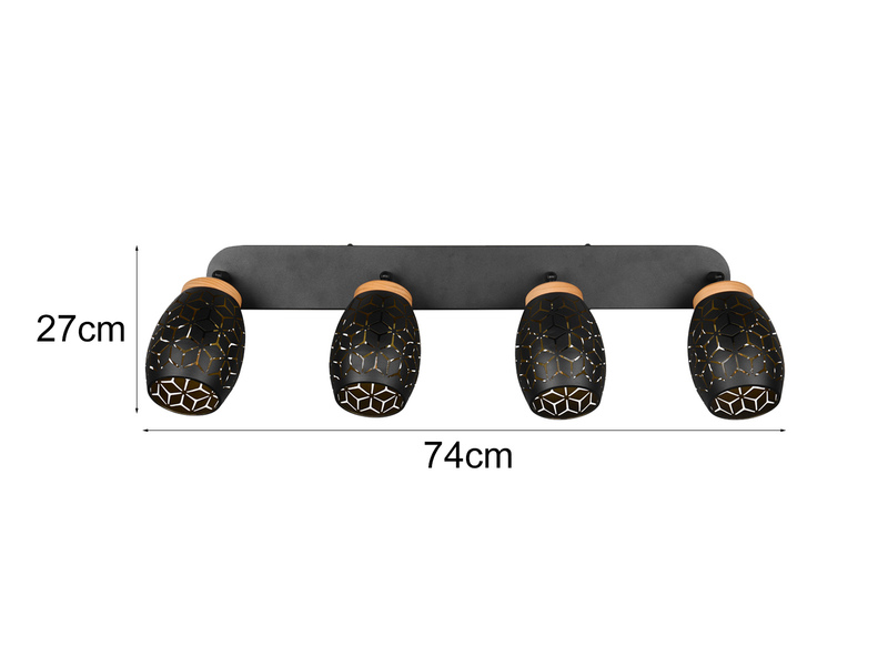 Deckenstrahler Schwarz Gold 4-flammig mit Dekorstanzung, inkl. E27 LED B: 74cm