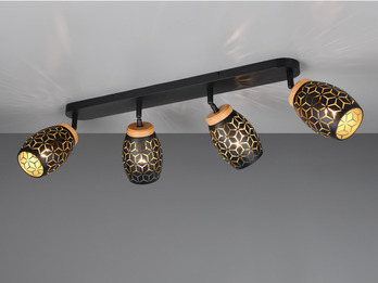 Deckenstrahler Schwarz Gold 4-flammig mit Dekorstanzung, inkl. E27 LED B: 74cm