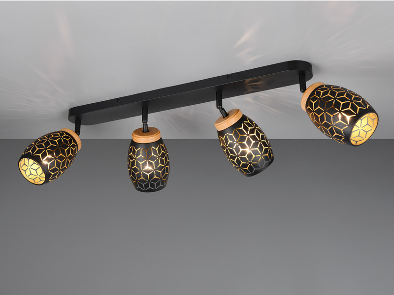 Deckenstrahler Schwarz Gold 4-flammig mit Dekorstanzung, inkl. E27 LED B: 74cm