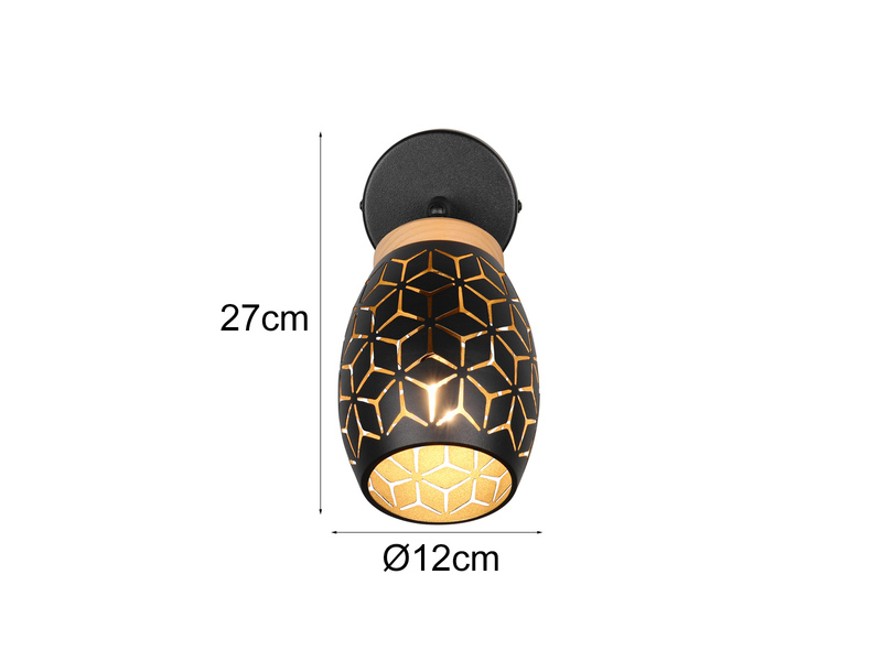 Wandstrahler Schwarz Gold mit Schalter & Dekorstanzung Ø 12cm, inkl. E14 LED