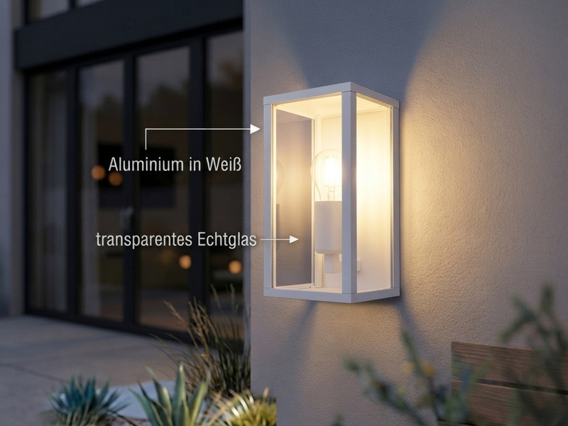Moderne LED Außenwandleuchte in Weiß mit Glas, Höhe 26cm