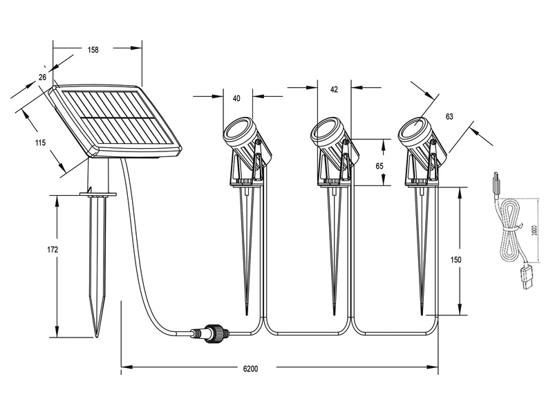 2er Set Solar Gartenstrahler auch per USB aufladbar mit je 3 Spots, L: 6,2 Meter