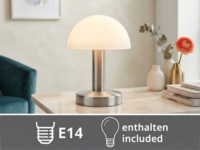 Tischlampe WARIN II touch dimmbar, Silber Glasschirm Weiß mit E14 LED, Höhe 21cm