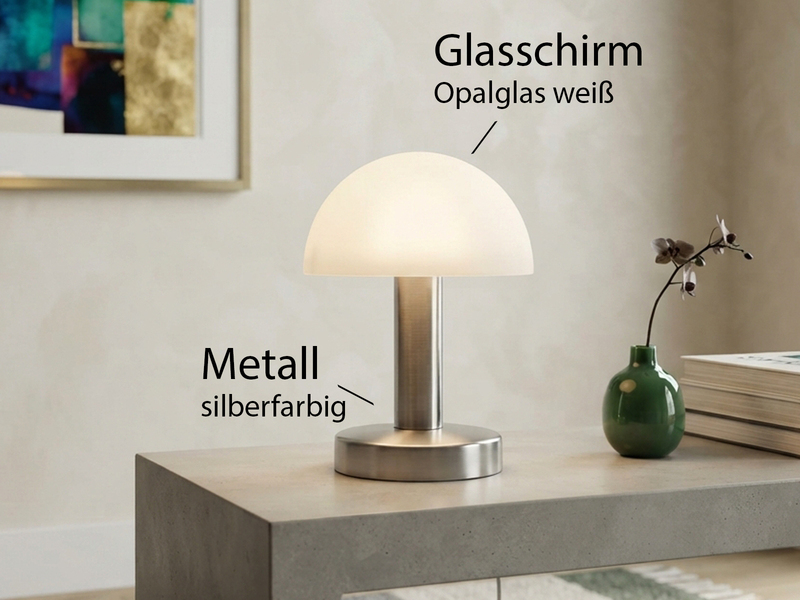 Tischlampe WARIN II touch dimmbar, Silber Glasschirm Weiß mit E14 LED, Höhe 21cm