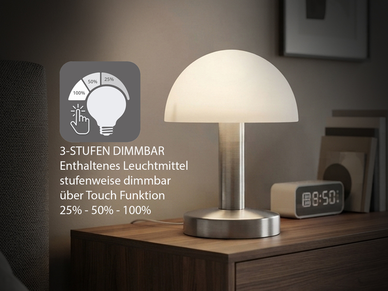 Tischlampe WARIN II touch dimmbar, Silber Glasschirm Weiß mit E14 LED, Höhe 21cm