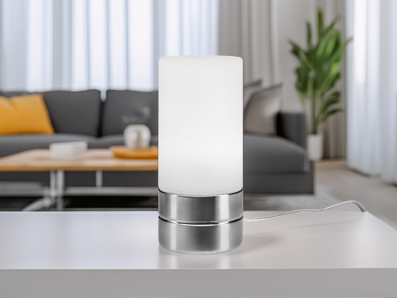 Kleine LED Tischlampe SARNO mit Touch Dimmer und Glasschirm, Höhe 20cm