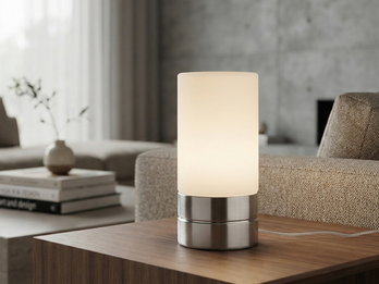 Tischleuchte mit Touch Dimmer & Glas Lampenschirm weiß Kleine Tischleuchte mit 3-Stufen Touch Dimmer & Glasschirm in Opal Weiß