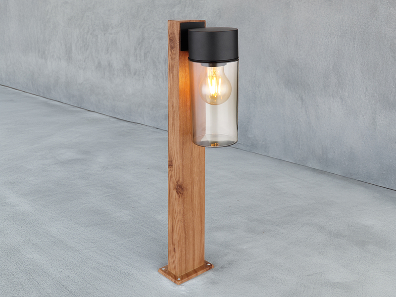 Wegeleuchte ETSI aus Edelstahl in Holzoptik mit rauchfarbigem Glas, Höhe 50cm