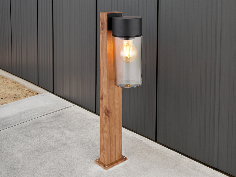 Wegeleuchte ETSI aus Edelstahl in Holzoptik mit rauchfarbigem Glas, Höhe 50cm