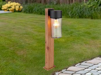 Wegeleuchte ETSI aus Edelstahl in Holzoptik mit rauchfarbigem Glas, Höhe 50cm