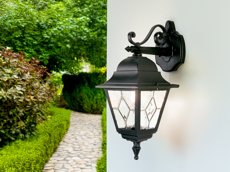 LED Außenwandleuchte Landhausstil Laterne hängend mit Bleiglas, Höhe 45cm