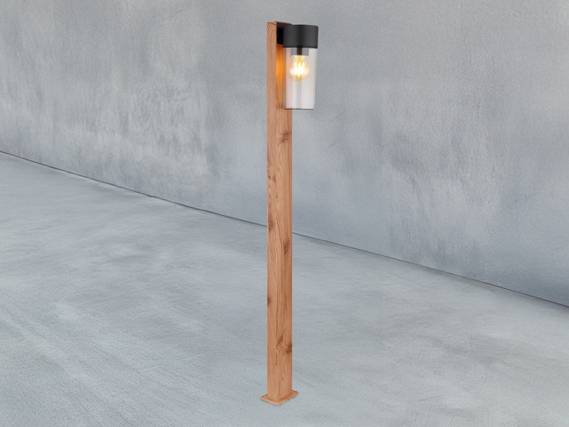 Wegeleuchte ETSI aus Edelstahl in Holzoptik mit rauchfarbigem Glas, Höhe 100cm