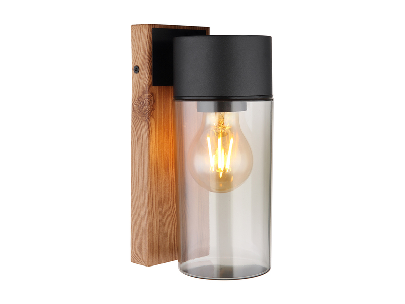 Außenwandleuchte ETSI aus Edelstahl in Holzoptik mit rauchfarbigem Glas H:22,5cm