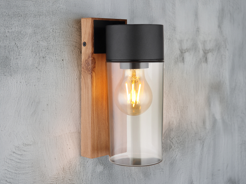 Außenwandleuchte ETSI aus Edelstahl in Holzoptik mit rauchfarbigem Glas H:22,5cm