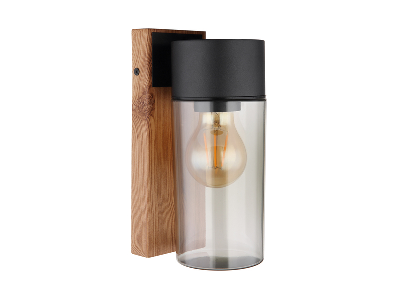 Außenwandleuchte ETSI aus Edelstahl in Holzoptik mit rauchfarbigem Glas H:22,5cm