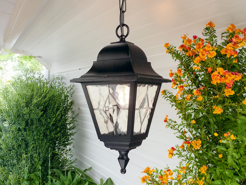 Außen LED Hängeleuchte Landhausstil Kettenlaterne mit Bleiglas, Höhe 60cm