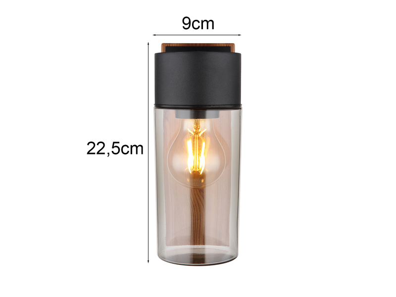 LED Außenwandleuchte aus Edelstahl in Holzoptik mit rauchfarbigem Glas H:22,5cm