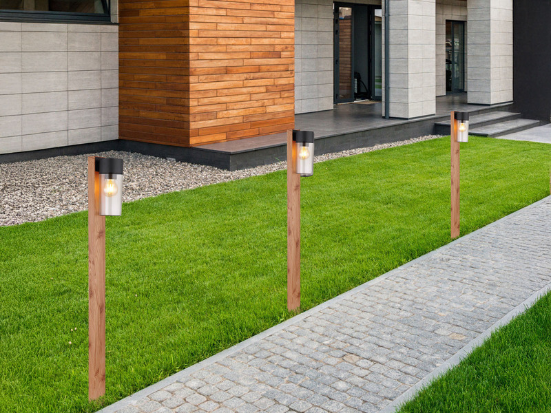LED Wegeleuchte aus Edelstahl in Holzoptik mit rauchfarbigem Glas, Höhe 100cm