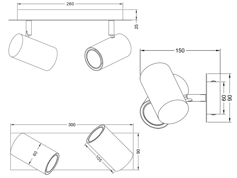LED Deckenstrahler 2flammig Metall Coffee / Hellgrau, Länge 30cm