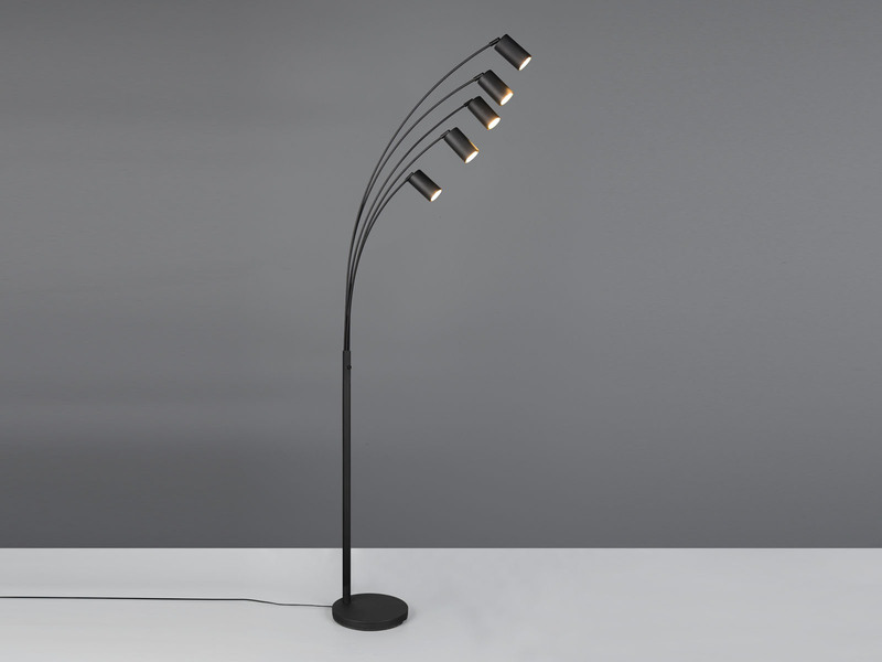Stehlampe MARLEY gebogen 5-flammig, Spots schwenkbar, Schwarz, Höhe 200cm