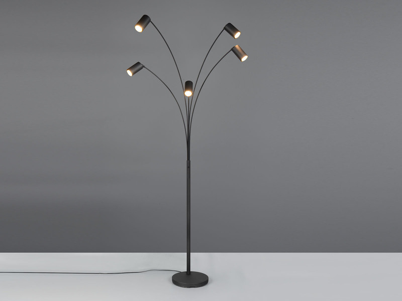 Stehlampe MARLEY gebogen 5-flammig, Spots schwenkbar, Schwarz, Höhe 200cm