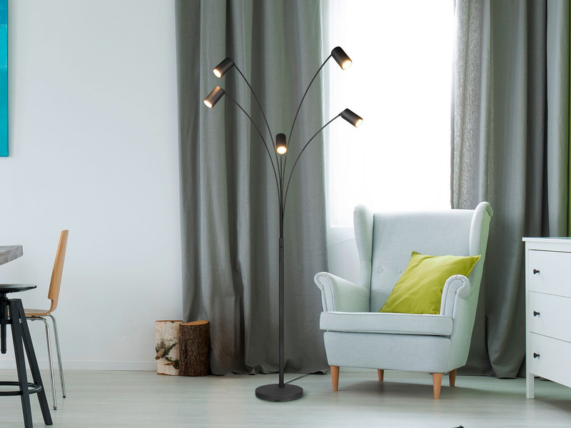 Stehlampe MARLEY gebogen 5-flammig, Spots schwenkbar, Schwarz, Höhe 200cm
