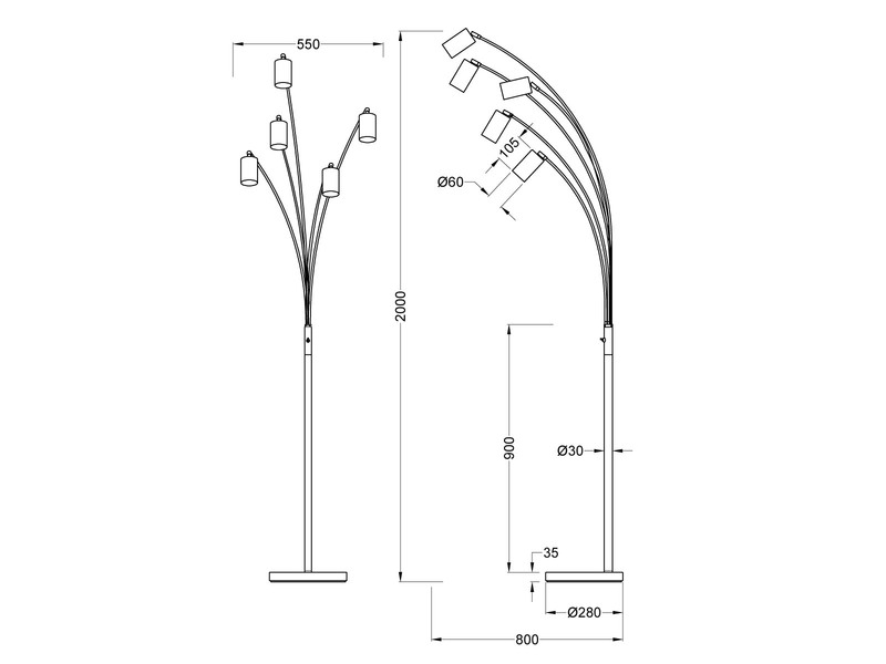 Stehlampe MARLEY gebogen 5-flammig, Spots schwenkbar, Schwarz, Höhe 200cm