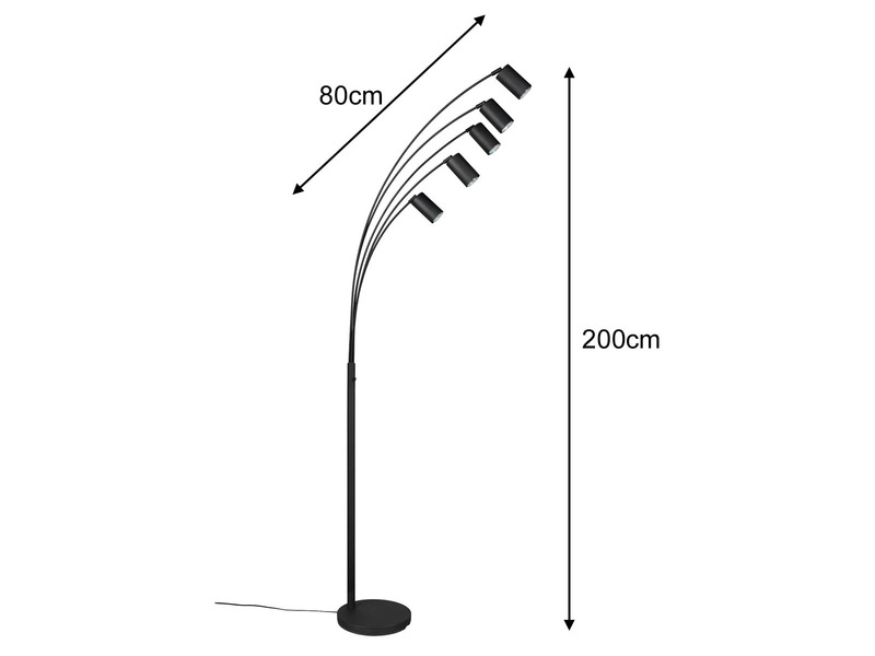 Stehlampe MARLEY gebogen 5-flammig, Spots schwenkbar, Schwarz, Höhe 200cm