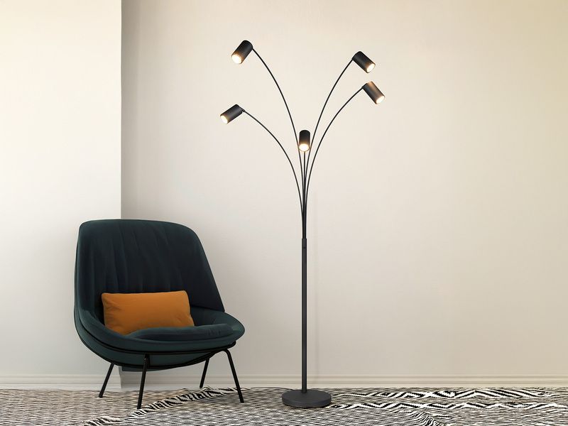 Stehlampe MARLEY gebogen 5-flammig, Spots schwenkbar, Schwarz, Höhe 200cm