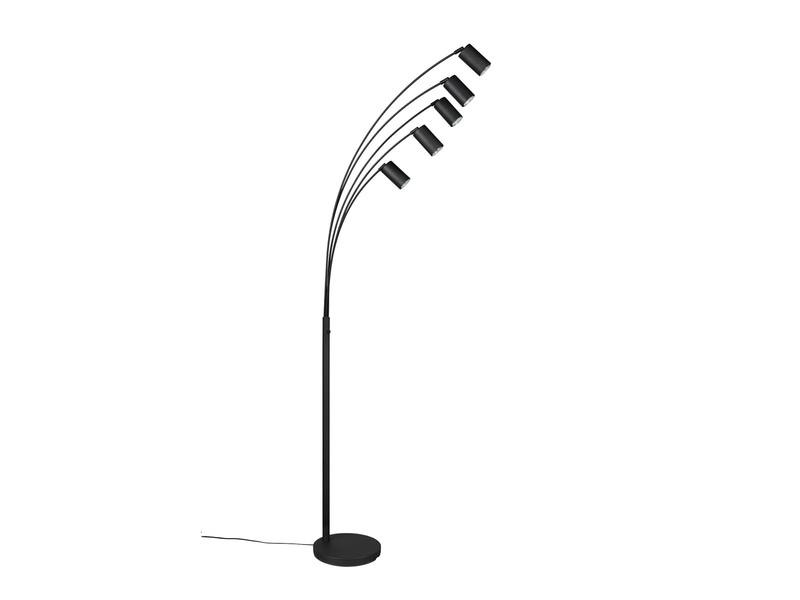 Stehlampe gebogen 5-flammig, Spots schwenkbar mit GU10 LED, Schwarz, Höhe 200cm