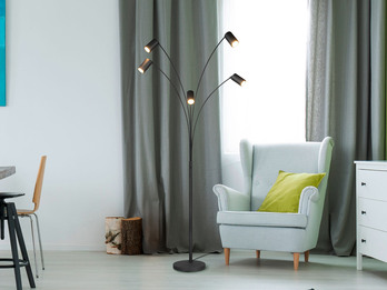 Stehlampe gebogen 5-flammig, Spots schwenkbar mit GU10 LED, Schwarz, Höhe 200cm Stehlampe gebogen 5-flammig, Spots schwenkbar mit GU10 LED, Schwarz, Höhe 200cm
