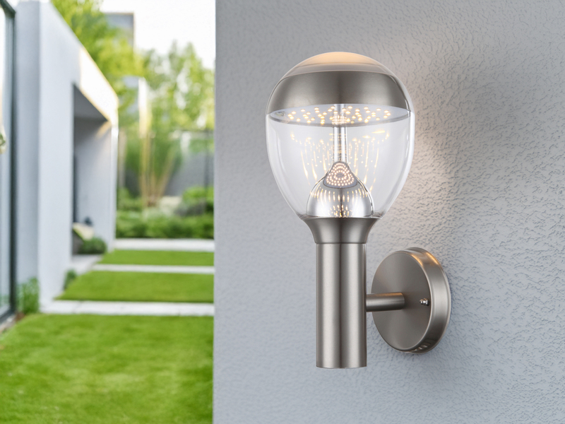 2er Set ausgefallene LED Außenwandleuchten aus Edelstahl in Silber, Höhe 32cm