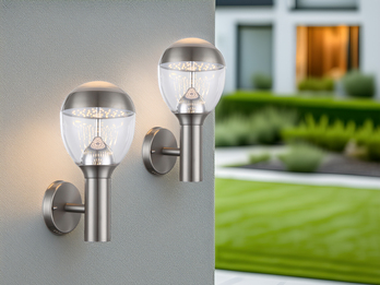 2er Set ausgefallene LED Außenwandleuchten aus Edelstahl in Silber, Höhe 32cm