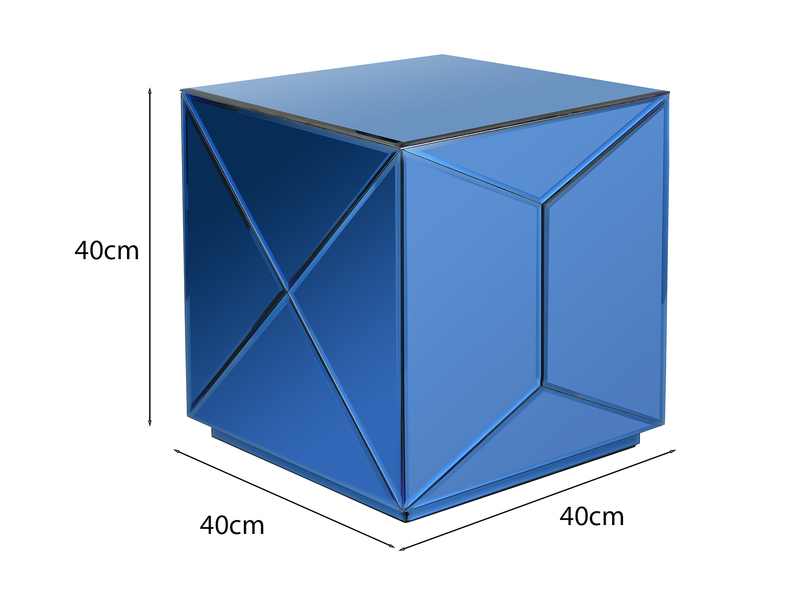Kleiner Würfel Beistelltisch NIVA mit Spiegelglas Blau, Höhe 40cm