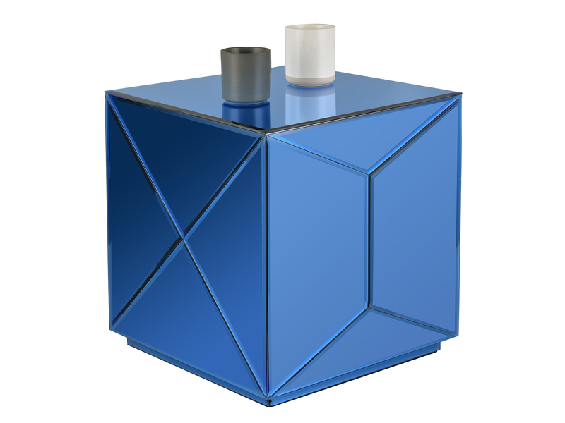 Kleiner Würfel Beistelltisch NIVA mit Spiegelglas Blau, Höhe 40cm